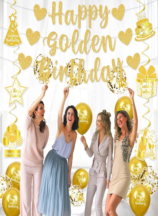 Woosytoo 32 Pcs Happy Golden Birthday Party Decorations Banner Gold Glitter Happy Golden Birthday Banner Hanging Swirls Balloons Cake Topper for Women Men Girls Boys Gold Bday Party Decor Supplies - Image 4